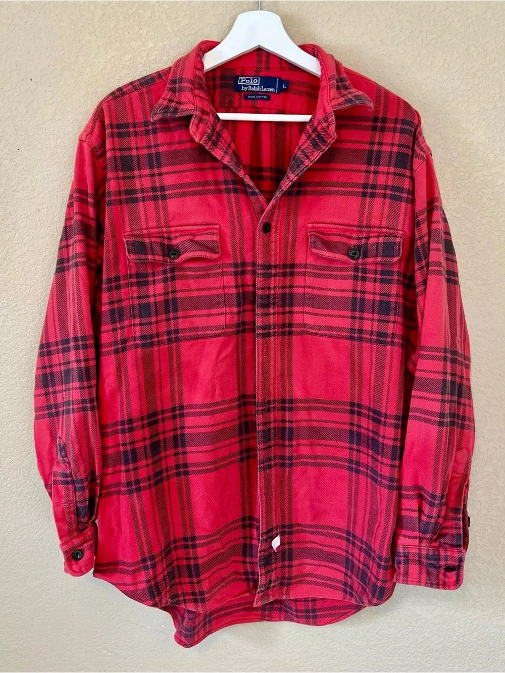 Polo by Ralph Lauren Red Plaid Flannel Shirt L Cotton Cabin Lumberjack Fall